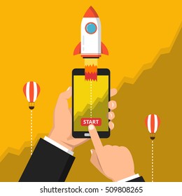 Hand holding smartphon with launch rocket on the screen. Successful startup business concept. Chart on the background. Flat vector illustration.
