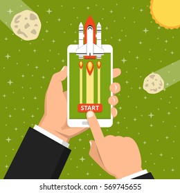 Hand holding smartphon with launch rocket on the screen. Space, stars, sun and asteroids on the background. Flat vector illustration.