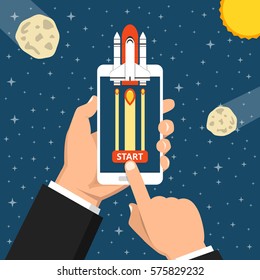 Hand holding smartphon with launch rocket on the screen. Space, stars, sun and asteroids on the background. Flat vector illustration.