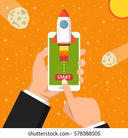 Hand holding smartphon with launch rocket on the screen. Space, stars, sun and asteroids on the background. Flat vector illustration.