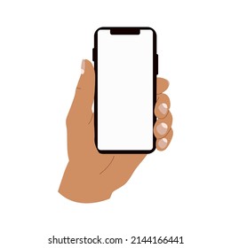 Mano sosteniendo el smartphone. Ilustración vectorial moderna del teléfono celular de mano con pantalla plana. infografías de diseño de aplicaciones web. Elemento aislado plano dibujado a mano. 