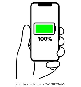 Hand holding a smartphone with 100% battery