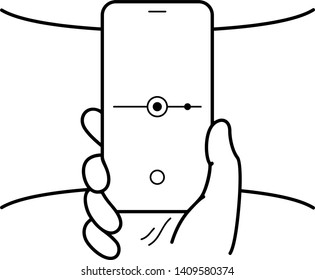 Hand holding smartphone. 360 camera app for panorama photos. Vector outline icon isolated on white background.