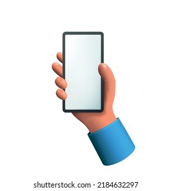 Hand holding smartphone. 3d Vector flat style cartoon  illustration.