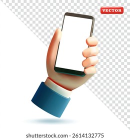 Hand holding smartphone, 3d vector. Suitable for business and mockup