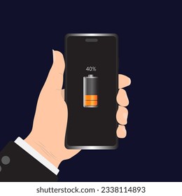 Hand holding smartphone with 40% low battery on the screen. Flat vector illustration EPS 10.