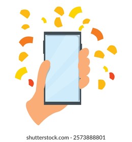 Hand holding a smartphone with abstract shapes appearing from the screen, concept of mobile gaming, app notification, or augmented reality