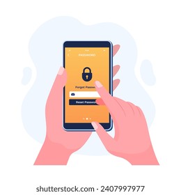 Hand holding smartphone with account password reset form page flat illustration vector template, Forgot password or change password, Account security