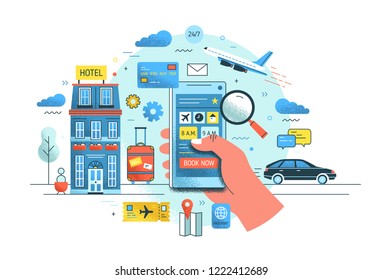 Hand holding smartphone against hotel building, flying plane, riding car and suitcase on background. Concept of online service for early booking. Colorful vector illustration in modern flat style.