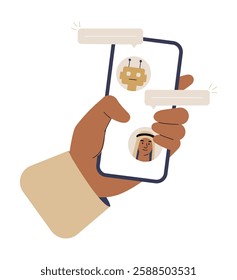 Hand Holding Smartphone With AI Chatbot And Arab Man In Flat Vector Illustration Symbolizing Digital Communication, AI Assisted Chat, And Virtual Interaction, Isolated On White Background