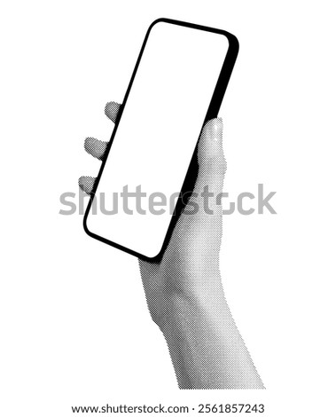 Hand holding a smartphone at an angle with a blank screen. Retro, vintage grayscale design with halftone. Vector illustration isolated on white background.
