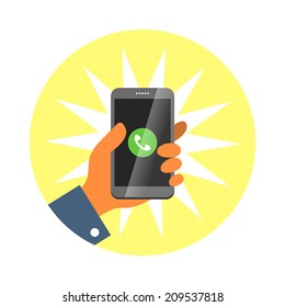 Hand holding smartphone, answer an incoming call. Vector illustration.