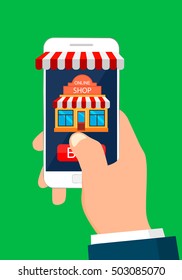 Hand holding smartphone with app mobile shopping. Online shopping. Mobile shopping concept.