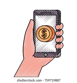 hand holding smartphone with app money currency pay online