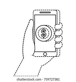 hand holding smartphone with app money currency pay online
