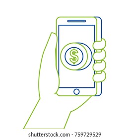 hand holding smartphone with app money currency pay online