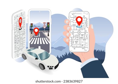 Hand holding a smartphone with an app for a remote connected car-sharing service. The mobile device displays a location mark indicating the presence of a smart electric car in the city. Vector.