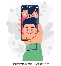 Hand holding smartphone app video call with friends vector illustration