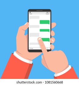 Hand holding smartphone with application with chat boxes. Vector illustration.