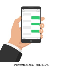 Hand holding smartphone with application with chat boxes. Flat cartoon style. Vector illustration.
