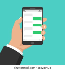 Hand holding smartphone with application with chat boxes. Flat cartoon style. Vector illustration.