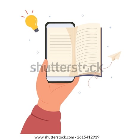 Hand holding smartphone with application of electronic e-book. E-book online concept.