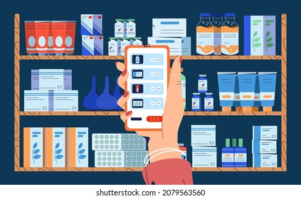 Hand holding smartphone with application for ordering medicine in internet. Drug shelves in pharmacy shop with pills, tablets and medicals products. Online pharmacy concept. Flat vector illustration.