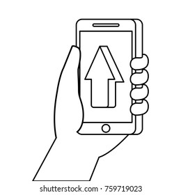 hand holding smartphone arrow cursor up concept