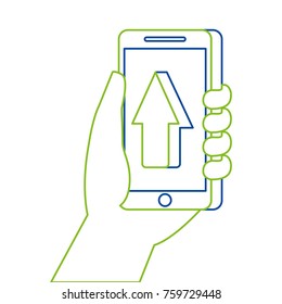 hand holding smartphone arrow cursor up concept