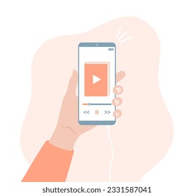 Hand holding smartphone with audiobook app on screen. Flat vector illustration