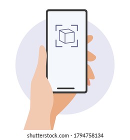 Hand holding smartphone with augmented reality scan concept.Vector illustration of hand holding smartphone with flat design series.