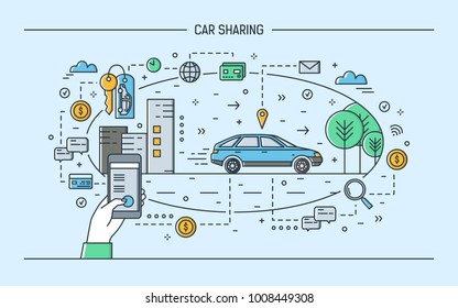 Hand Holding Smartphone And Automobile On City Street. Concept Of Car Sharing And Rental Electronic Service Or Carsharing Mobile Application. Colorful Vector Illustration In Modern Line Art Style.