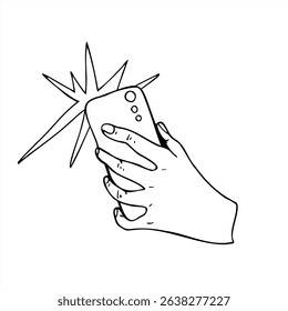 Hand holding smartphone back view with flash icon monochrome vector illustration painted by black inks. For selfie concepts, blogging tutorials and social media content, and tech related projects.