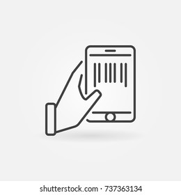 Hand holding smartphone with a barcode inside outline concept icon or sign