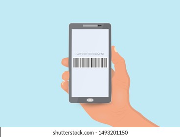 Hand holding smartphone with barcode on screen, barcode payment technology concept vector illustration 
