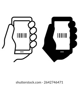 Hand holding smartphone barcode scanner display with scan code interface icon set outline and solid style vector illustration collection.