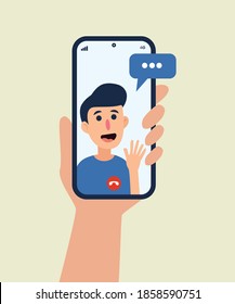 A hand holding smartphone with bestfriend on screen. Video call concept. minimalist vector flat illustration. editable design template