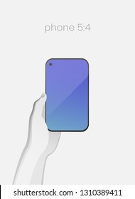 Hand holding smartphone with bezel-less design and in-screen selfie camera. All-screen smartphone with an 5:4 aspect ratio on white backgound. Modern concept for web design. EPS10