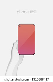 Hand holding smartphone with bezel-less design and in-screen selfie camera. All-screen smartphone with an 16:9 aspect ratio on white backgound. Modern concept for web design. EPS10