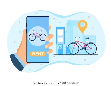 Hand is holding smartphone with bike sharing application. Bicycle is parked at city bike stop with GPS tracker. Concept of easy way to rent bicycle in the city. Flat cartoon vector illustration
