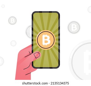 Mano que contiene criptodivisa de smartphone y bitcoin en la ilustración plana del vector del dispositivo.
