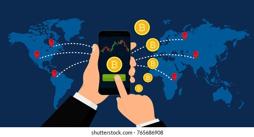 Hand Holding Smartphone with Bitcoin Currency. Crypto Currency Concept. Vector illustration. Flat design. EPS 10.