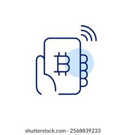 Hand holding smartphone with bitcoin symbol and wi-fi. Crypto currency wallet and transactions. Pixel perfect, editable stroke icon