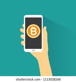 
Hand holding smartphone with bitcoin vector.