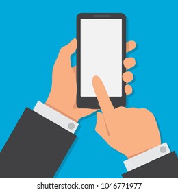 Hand holding smartphone with blank browser window on the screen. Using mobile smart phone, flat design concept. Communication and business sign. Cartoon for internet , web sites, banners design.
