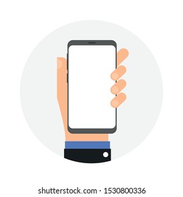 hand holding smartphone with blank and empty display, vector and illustration. 