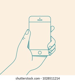 Hand holding smartphone with blank screen. Vector illustration in flat line style