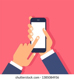 Hand holding smartphone with blank screen. Vector illustration.  Flat illustration isolated on white background. Mockup for design.