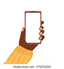 Hand holding smartphone with blank screen. African american black skin female. Vector illustration in cartoon flat style isolated on white background. Template for design, blank screen for add object.