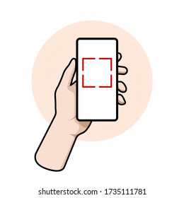 Hand holding a smartphone with blank screen and frame for scan code. Vector illustration